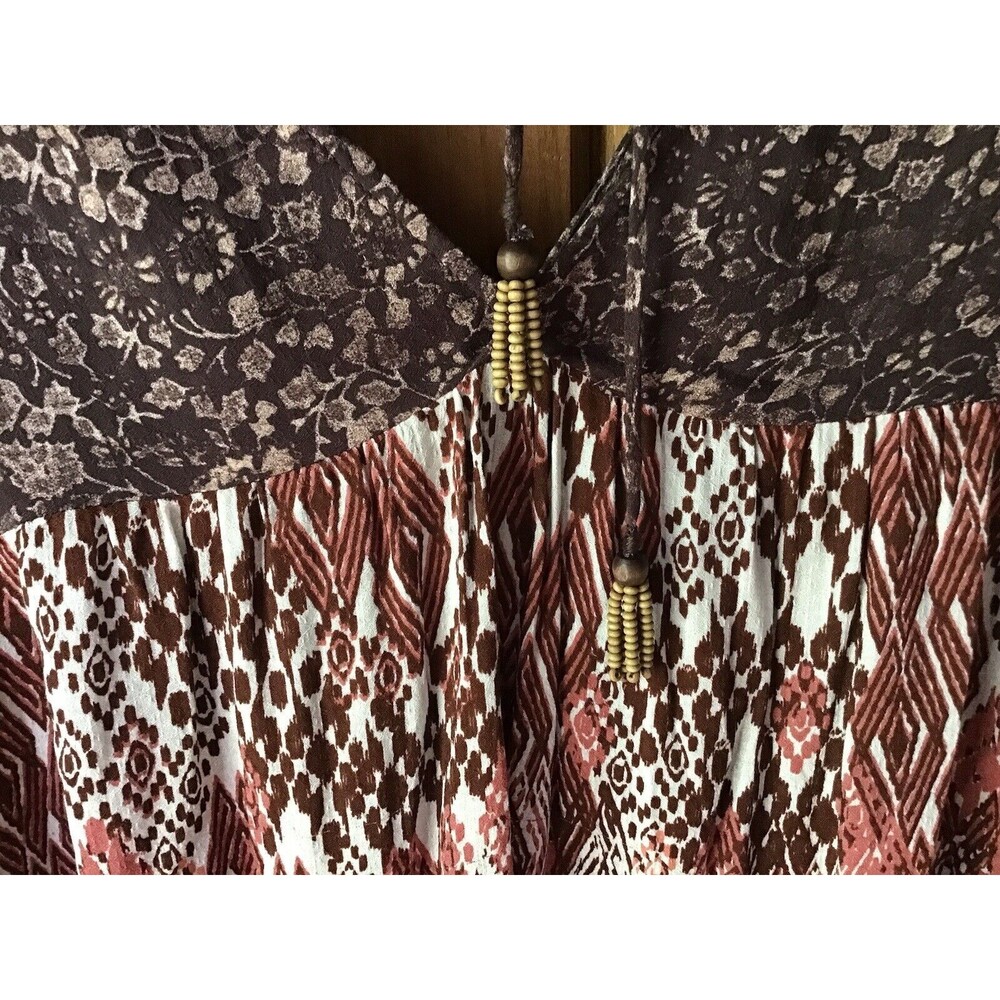 Knox Rose Top Size L Brown Batik Beaded Tassel Boho Hippie Casual Lightweight - Picture 5 of 8